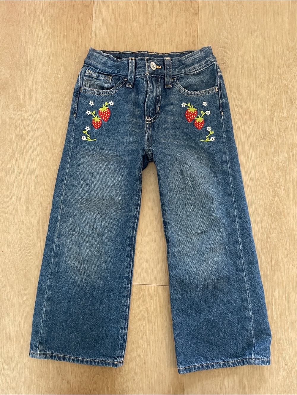 Old Navy Blue Denim Wide Leg Jeans with Red Strawberry Embroidery